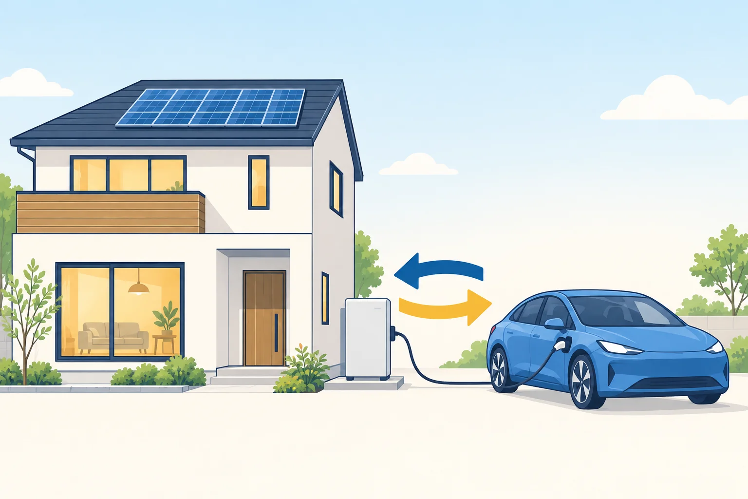 住宅と電気自動車をV2H機器でつなぎ、双方向に電気をやり取りする概念図