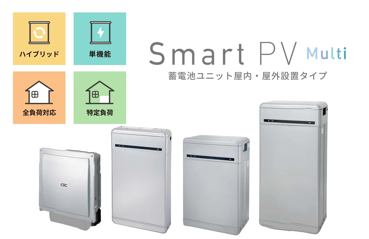 長州産業のスマートPVマルチのラインナップ。パワーコンディショナと、屋内・屋外に設置できる蓄電池ユニット3種