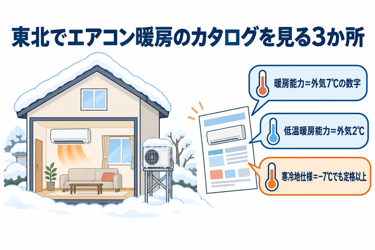エアコン暖房のカタログで東北の人が見る3つの数字の図解。①暖房能力は外気7℃の数字、②低温暖房能力は外気2℃の数字、③寒冷地仕様は−7℃でも定格以上