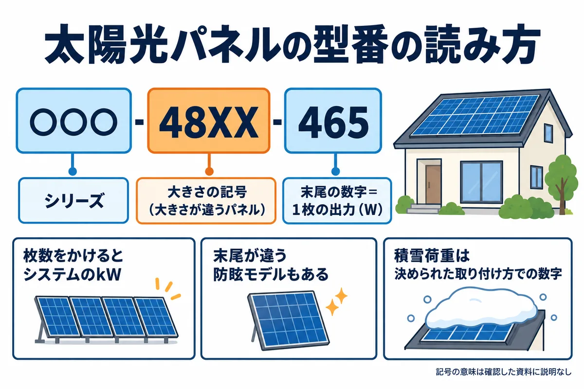 太陽光パネルの型番の見方の図解。型番は「シリーズ」「大きさの記号」「末尾の数字」に分けて読む。末尾の数字は公式の仕様表の公称最大出力と一致する。大きさの記号が違うと、パネルの大きさが違う。末尾が違う防眩モデルもある。積雪荷重は決められた方法で取り付けた場合の数字。記号が何の略かは、今回確認したカタログと製品ページでは説明が見つからなかった