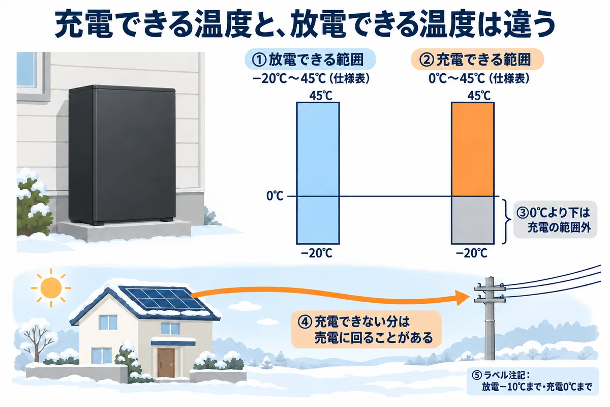 EP CUBEの動作温度の図。仕様表では、放電できる範囲は−20℃〜45℃、充電できる範囲は0℃〜45℃。0℃を下回ると充電は止まる範囲に入る。低温で充電能力が下がると、余った太陽光の電気が充電されず売電に回ることがある。性能表示ラベルの注記は、放電−10℃まで・充電0℃まで