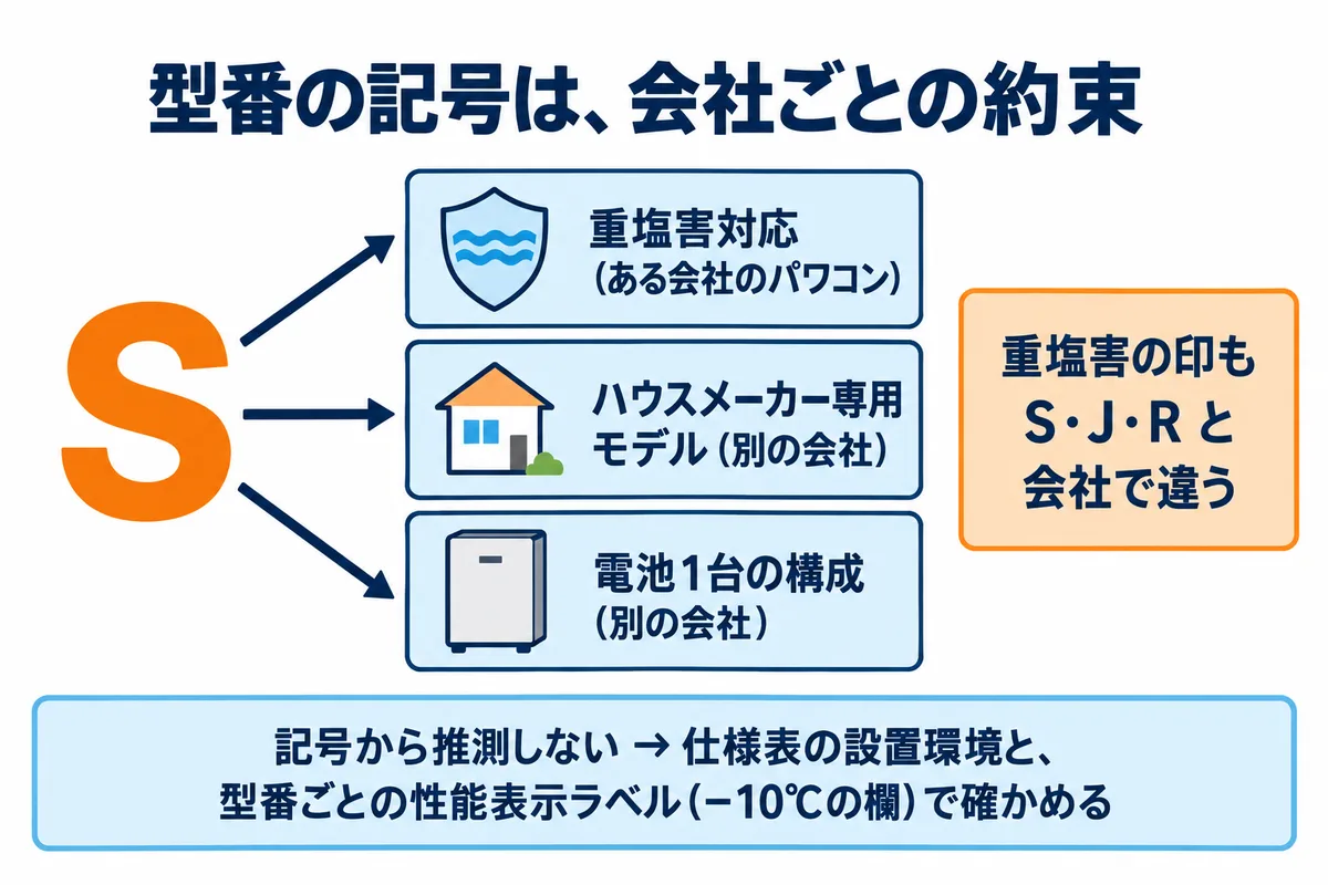 蓄電池の型番の記号の意味はメーカーで違うことを示す図解。同じ末尾Sでも、重塩害対応、ハウスメーカー専用モデル、電池1台の構成と意味が分かれる。重塩害の印もS・J・Rと会社で違う。公式説明のない記号から推測せず、仕様表の設置環境と、型番ごとの性能表示ラベルで確かめる