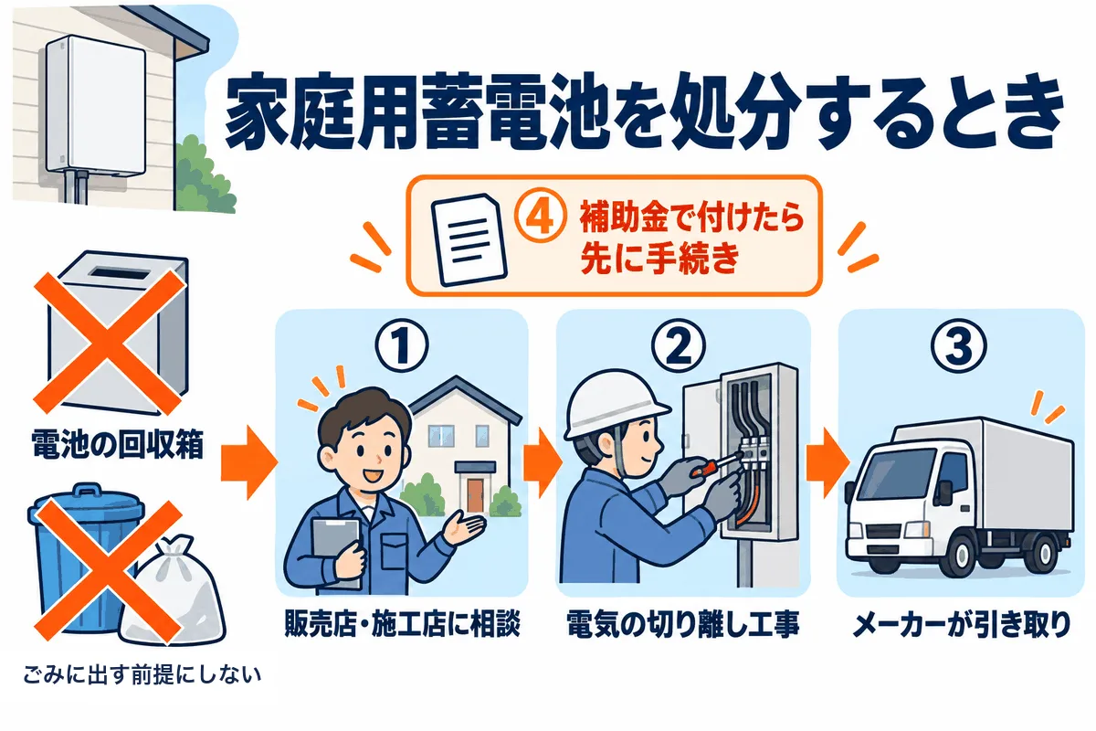 家庭用蓄電池を処分するときの流れを示す図解。小型充電池の回収や自治体のごみには出さず、まず販売店・施工店に相談し、電気の切り離し工事のあとメーカーが引き取る。補助金で付けた蓄電池は処分の前に手続きを確かめる