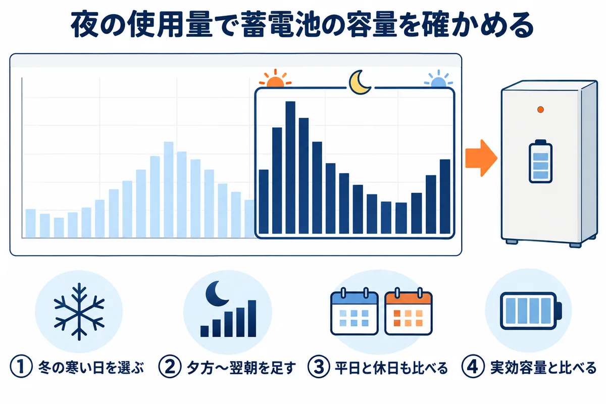 時間別グラフで蓄電池の容量を確かめる手順の図解。①冬の寒い日を選ぶ、②夕方から翌朝までの使用量を足す、③平日と休日も比べる、④蓄電池の実効容量と比べる