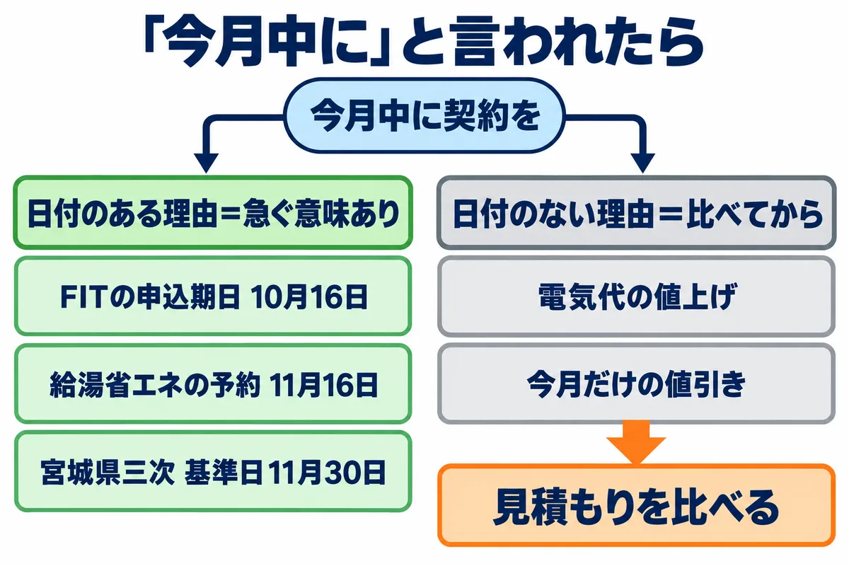 「今月中に」と言われたときの判断図。左は日付のある理由（FIT認定の申込期日10月16日、給湯省エネの予約11月16日、宮城県三次募集の基準日11月30日）で、急ぐ意味がある。右は日付のない理由（値上げ、今月だけの値引き）で、見積もりを比べてから決めてよい