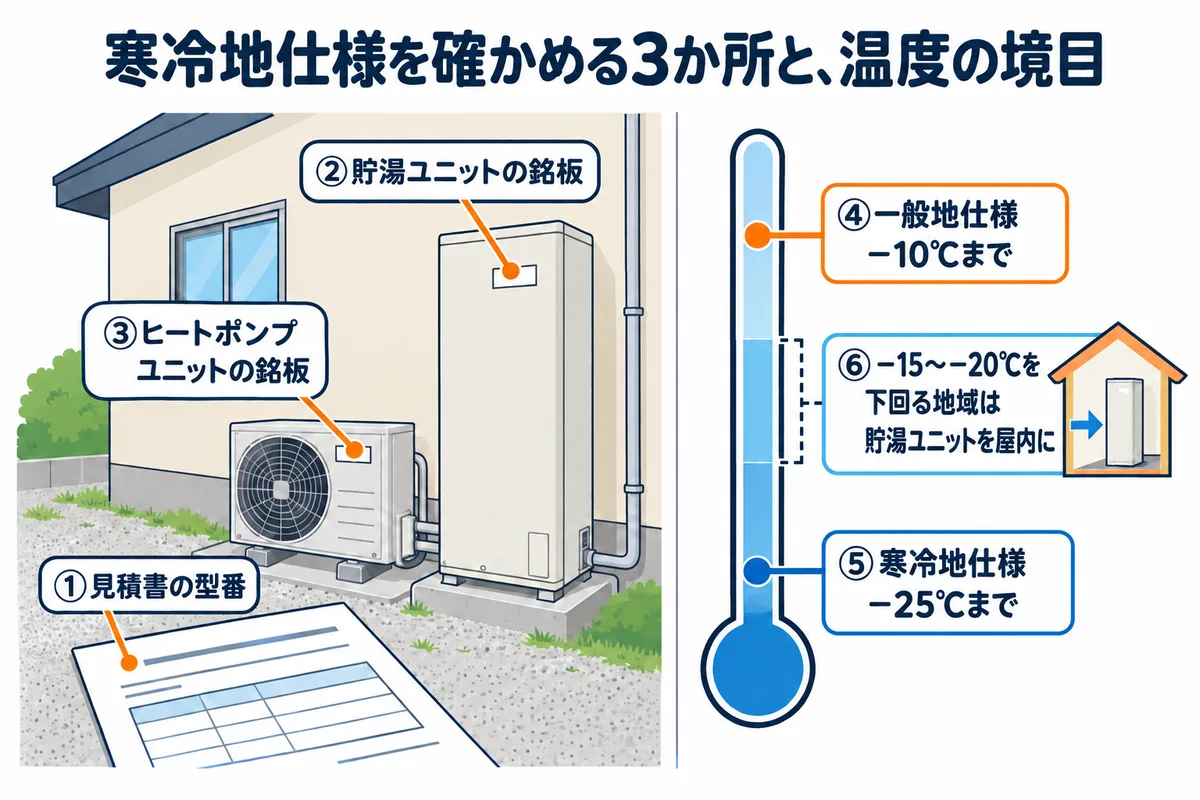 エコキュートの寒冷地仕様を確かめる3か所と温度の条件を示す図解。見積書の型番、貯湯ユニットの銘板、ヒートポンプユニットの銘板の3か所で型番をそろえて見る。一般地仕様は最低気温−10℃まで、寒冷地仕様は−25℃まで。−15〜−20℃を下回る地域は貯湯ユニットを屋内に置く条件がある