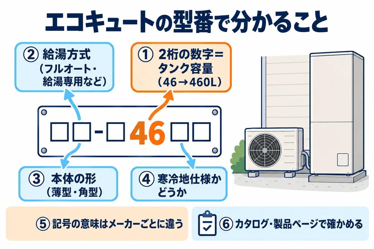 エコキュートの型番で分かることを示す図解。型番の中の2桁の数字はタンク容量、ほかの記号は給湯方式・本体の形・寒冷地かどうかなどを表すが、記号の意味はメーカーごとに違うため、カタログや製品ページで確かめることを示している