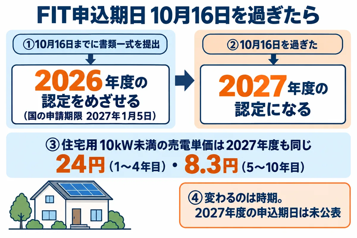 FIT申込期日10月16日の前後の判断図。10月16日までに書類一式を出せば2026年度の認定をめざせる。過ぎると2027年度の認定になるが、住宅用10kW未満の売電単価は2027年度も24円（〜4年）・8.3円（5〜10年）で同じ。変わるのは認定の時期で、2027年度の申込期日はまだ公表されていない