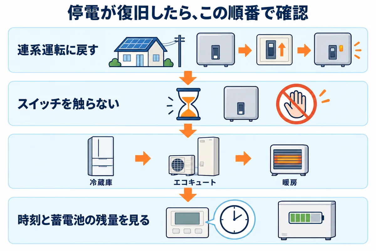 停電が復旧したときの確認の順番の図解。1番目にパワーコンディショナを自立運転から連系運転に戻す。2番目にカウントダウン中はスイッチを触らない。3番目に家電は冷蔵庫、エコキュート、暖房の順に1台ずつ戻す。4番目にエコキュートのリモコンの時刻と蓄電池の残量を見る。