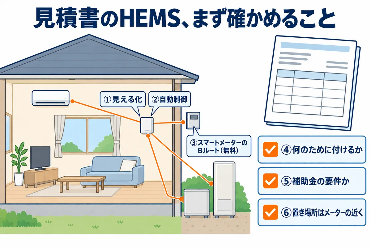 蓄電池の見積書のHEMSを確かめる図解。HEMSの役割は電気の見える化と家電の自動制御。国のZEHやGX志向型住宅では要件になるが、東北の自治体の蓄電池補助では必須の例は見当たらない。見積書では何のために付けるか、補助金の要件か、Bルートの申込みを誰がするかを確認する