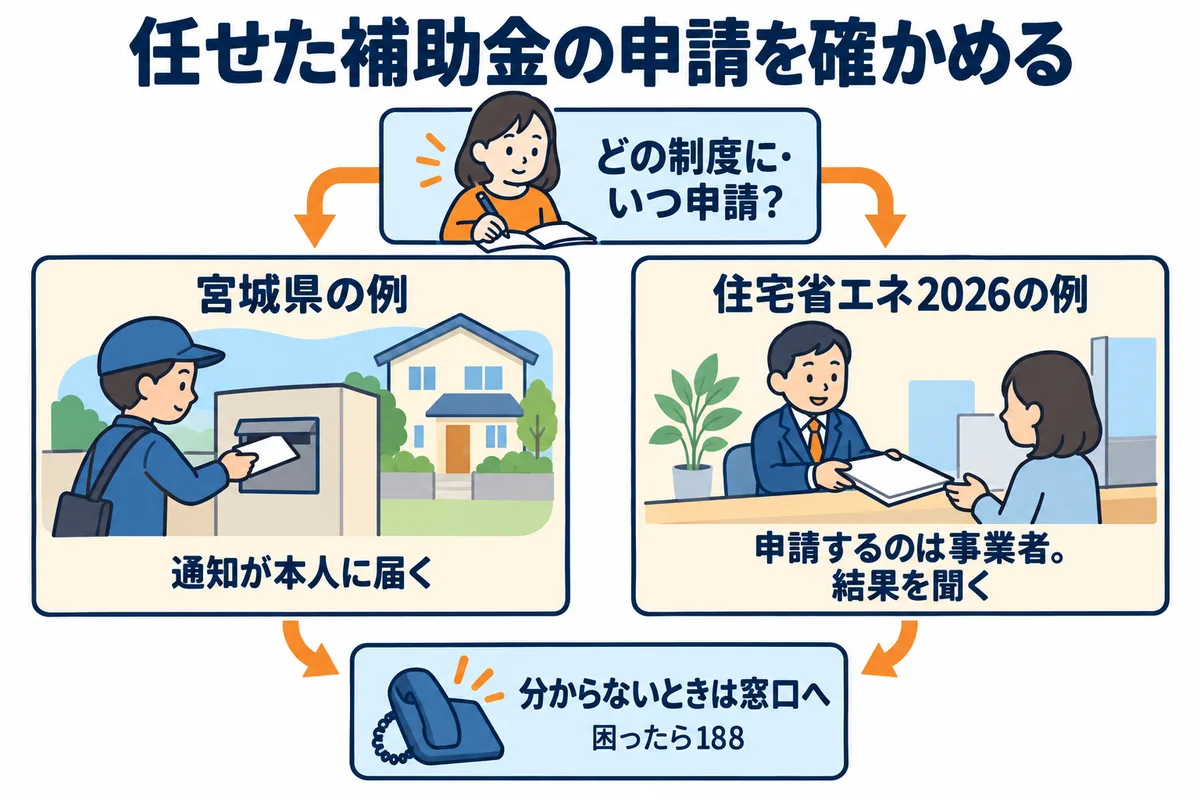 補助金の申請を任せたあとに確かめる流れの図解。誰が・いつ・どの制度に申請したかを聞く。県の補助金では審査対象通知書や交付決定兼確定通知書が申請者本人に郵送される。国の住宅省エネ2026は事業者が申請するので、事業者に申請したかと結果を聞く。宮城県の例と住宅省エネ2026の例は、別の制度として左右に分けて示している。届かない・分からないときは制度の窓口に問い合わせ、困ったら消費者ホットライン188へ
