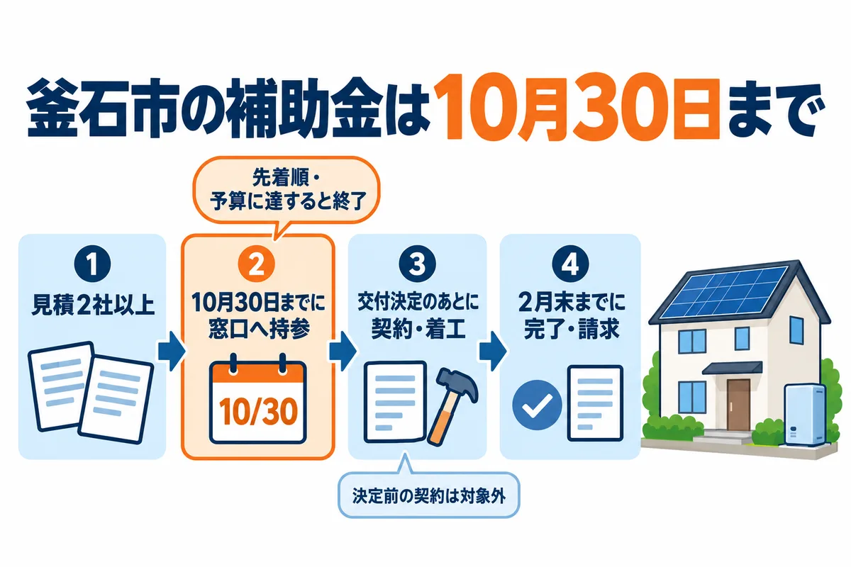 釜石市の太陽光・蓄電池補助金の申請の流れを示す図解。見積2社以上、10月30日までに窓口へ持参、交付決定のあとに契約・着工、2月末までに完了・請求の4段階。先着順で予算に達すると終了、決定前の契約は対象外