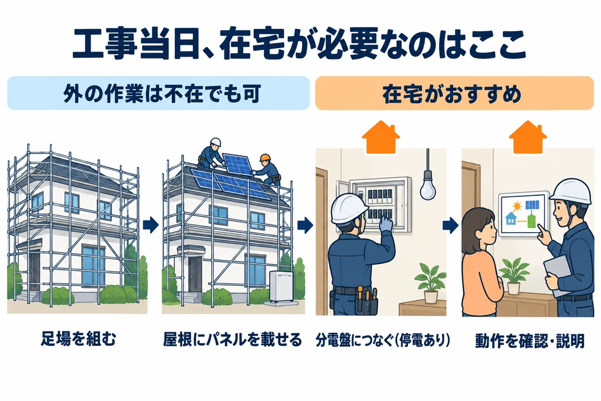 太陽光・蓄電池の工事当日の流れの図解。①足場を組む、②屋根にパネルを載せる、③家の中で分電盤につなぐ（停電あり）、④最後に動作を確認する。③と④は在宅がおすすめ