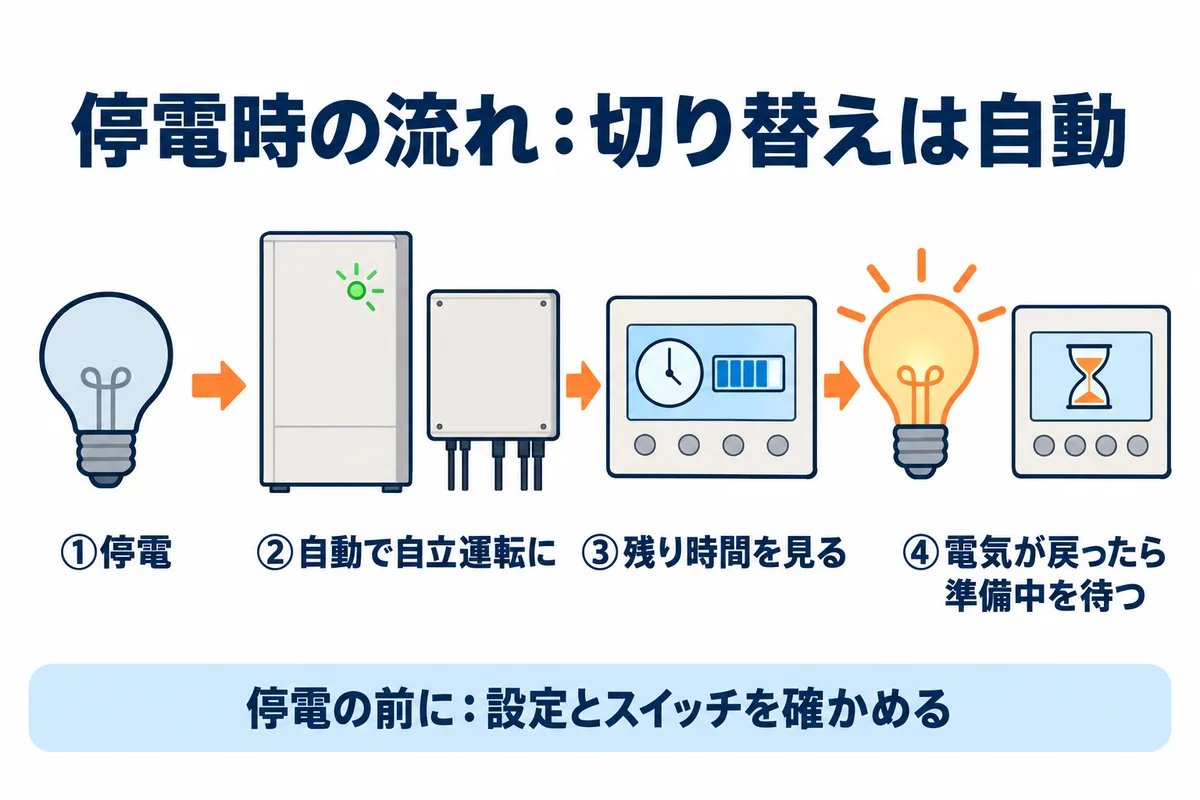 京セラ エネレッツァの停電時の流れを示す図解。停電を検知すると自動で自立運転に切り替わり、リモコンに残り時間の目安が出る。停電の前に非常時安心設定と分電盤のスイッチを確かめる。残量がなくなるとシステムが止まる。電気が戻ると最大300秒の準備中のあと自動で戻る