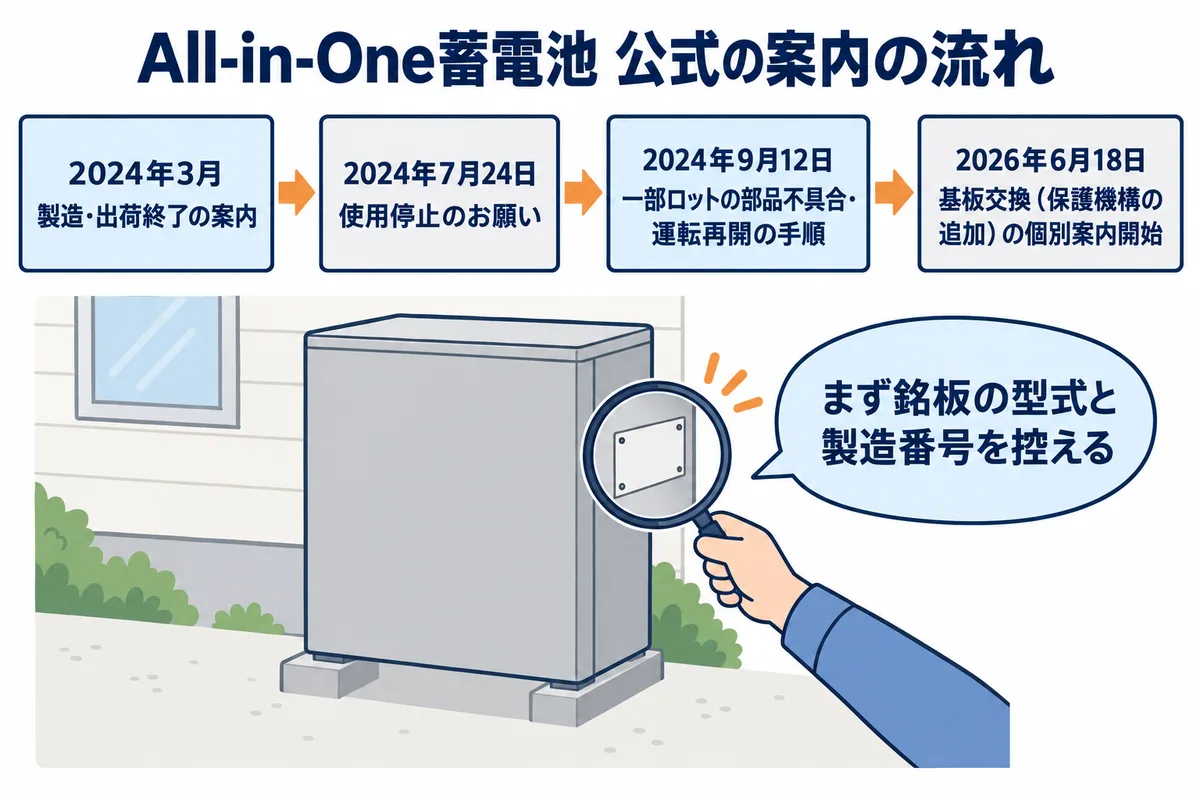 村田製作所のAll-in-One蓄電池について、公式に出た案内の流れ。2024年3月に製造・出荷終了の案内、2024年7月24日に製品不良のお詫びと使用停止のお願い、2024年9月12日に一部ロットの部品不具合の判明と運転再開の手順、2026年6月18日に保護機構の追加(現地での基板交換)の準備完了と個別案内の開始。まず銘板の型式と製造番号を確かめ、案内が来たら日程調整に応じる