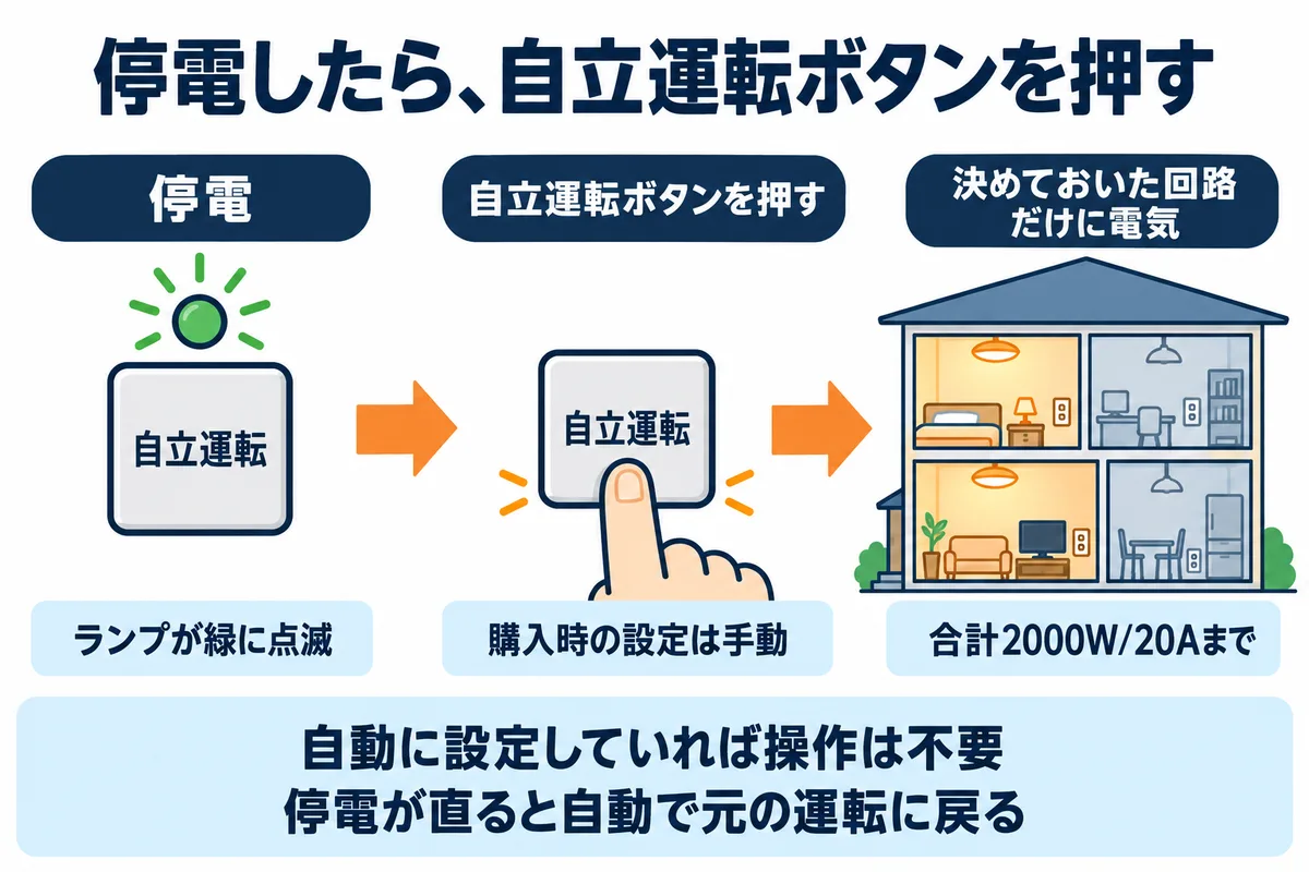 村田製作所のAll-in-One蓄電池システムの停電時の動きを示す図解。購入時の設定は手動で、停電するとリモコンの自立運転ボタンの上のランプが緑に点滅し、ボタンを押すと特定負荷の回路か非常時兼用コンセントに電気が流れる。合計2000W/20A以下。自動に設定していれば操作は不要で、停電が直ると自動で通常の運転に戻る
