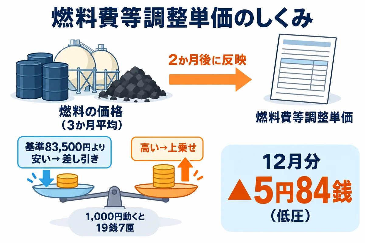 燃料費等調整単価のしくみの図解。原油・LNG・石炭の価格の3か月平均（平均燃料価格）から、2か月後の燃料費等調整単価が決まる。平均燃料価格が基準燃料価格83,500円より安ければ差し引き、高ければ上乗せ。1,000円動くと低圧で1kWhあたり19銭7厘動く。東北電力の低圧の12月分は1kWhあたりマイナス5円84銭