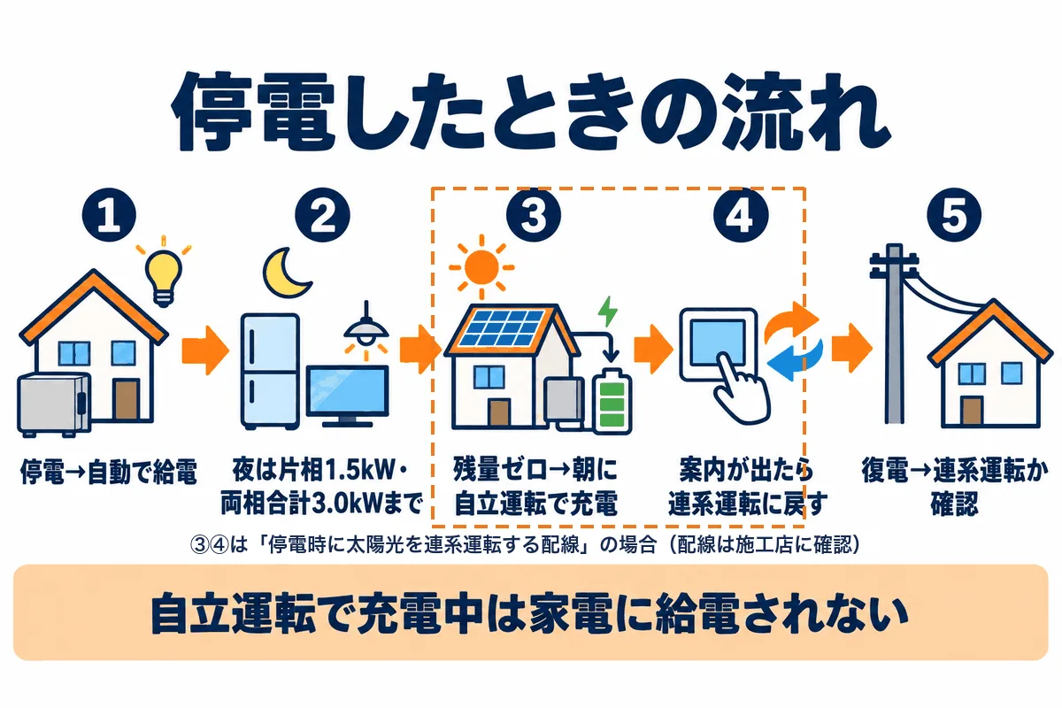 ニチコンESS-U4X1・ESS-U4M1の停電時の流れを示す図解。停電すると自動で給電が始まり、太陽光が発電していなければ片相1.5kW・両相合計3.0kWまで使える。残量がゼロになったら、朝に太陽光パワコンを自立運転に切り替えて充電し、リモコンの案内が出たら停電中でも連系運転に戻して給電を再開する（③④は停電時に太陽光を連系運転する配線の場合）。復電後は蓄電システムの操作はいらず、太陽光パワコンが連系運転になっているかを確かめる