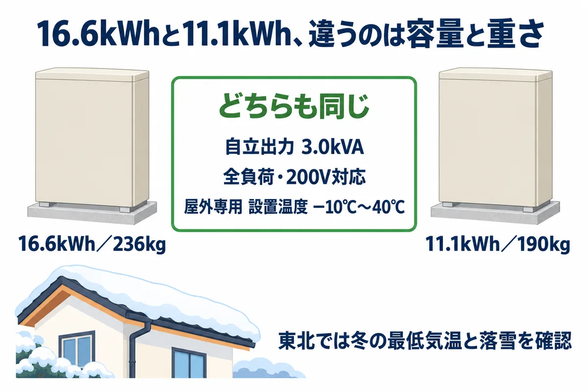 ニチコンESS-U4X1とESS-U4M1の比較の図解。違うのは蓄電池容量16.6kWhと11.1kWh、重さ236kgと190kg。共通なのは自立出力3.0kVA、全負荷と200V対応、屋外専用、設置温度マイナス10度から40度。東北では置き場所の冬の最低気温と吸排気口の雪を確かめる。