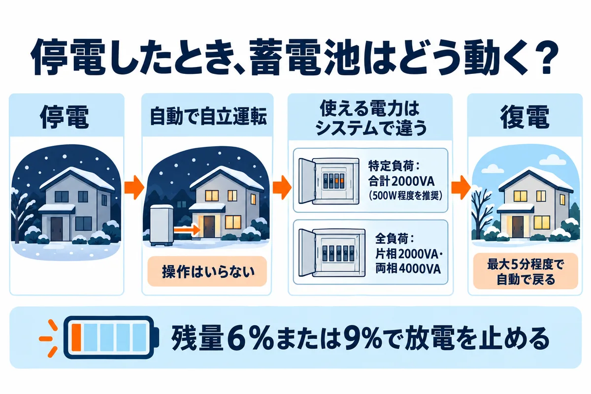 オムロン KPBP-A の停電時の動き方を示す図解。停電すると自動で自立運転に切り替わる。使える電力は特定負荷用分電盤のシステムで合計2000VA以下(500W程度を推奨)、全負荷用分電盤のシステムで片相2000VA・両相4000VA。蓄電池の残量が6%または9%になると放電を止める。復電すると最大5分程度で自動で連系運転に戻る