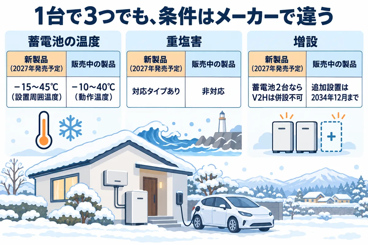 オムロンKPTP-BとニチコンESS-T5／T6で東北の冬に確かめる3つの点の図解。①蓄電池の温度範囲：KPTP-Bは−15〜45℃、ニチコンは−10〜40℃ ②重塩害：KPTP-Bは重塩害対応タイプあり、ニチコンは非対応 ③増設：KPTP-Bは蓄電池2台にするとV2Hは併設できない、ニチコンは追加設置が2034年12月まで