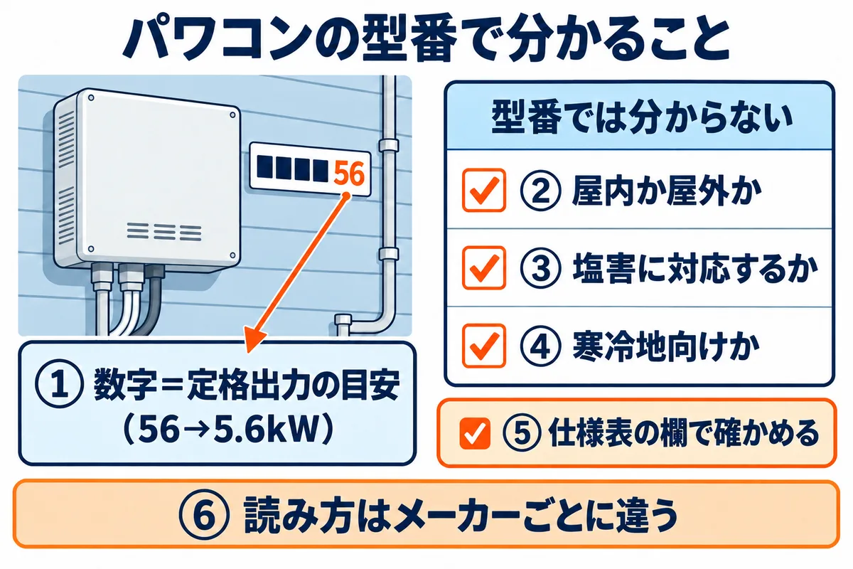 太陽光パワコンの型番で分かることと分からないことを示す図解。型番の数字は多くのメーカーで定格出力のkWと対応する。屋内か屋外か、塩害への対応、寒冷地向けかどうかは型番ではなく仕様表の欄で確かめる