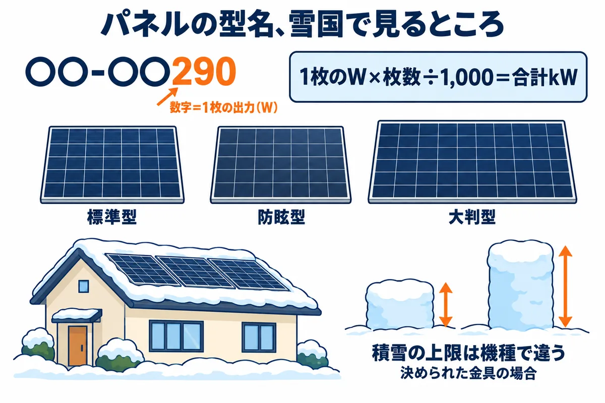 太陽光パネルの型名の見方の図解。型名の数字は1枚の公称最大出力（W）。1枚のW×枚数÷1,000で合計のkWになる。カタログでは標準型・防眩型・大判型と書き分けられている。垂直積雪量の上限は機種で違い、決められた金具を使った場合の数字。機種ごとの数字は本文「東北で見るのは、垂直積雪量と『金具の条件』」の表で確認する