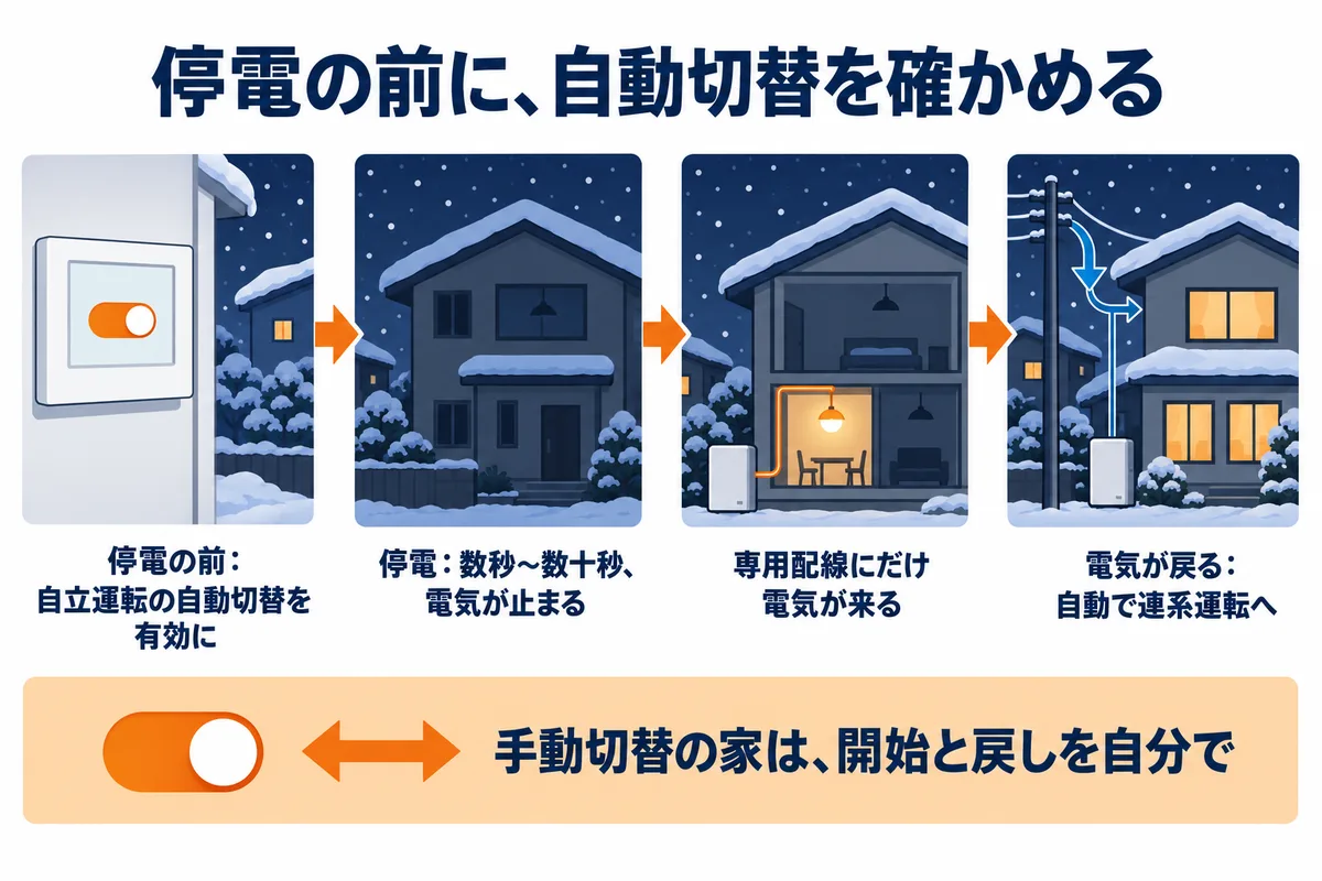 シャープのクラウド蓄電池の停電時の流れを示す図解。停電の前に自立運転の自動切替を有効にする。停電すると数秒から数十秒電気が止まってから専用配線に給電される。残量がなくなると止まり、翌朝の発電や復旧で自動的に戻る。手動切替の場合は再度手動で開始し、復旧後は連系運転に戻す