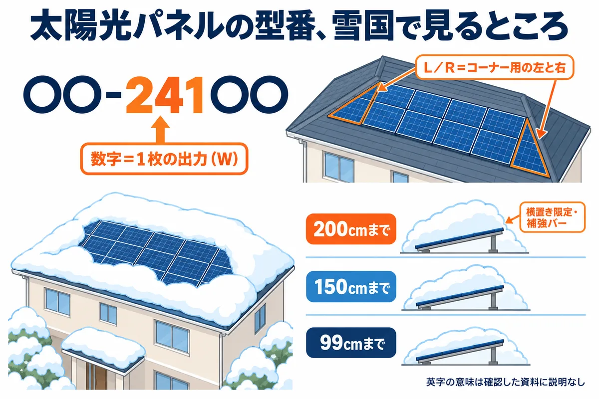 シャープの太陽光パネルの型番の見方の図解。型番の数字は公称最大出力(W)と同じ。LとRが付く型番は寄棟屋根用のコーナーモジュールの左用と右用。東北で見るのは型番ごとの垂直積雪量の対応で、一覧の区分は99cmまで、150cmまで、200cmまでの3つ。200cmまでの対応は横置き限定で補強バーが必要。英字の意味は今回確認した公式資料では説明が見つからなかった