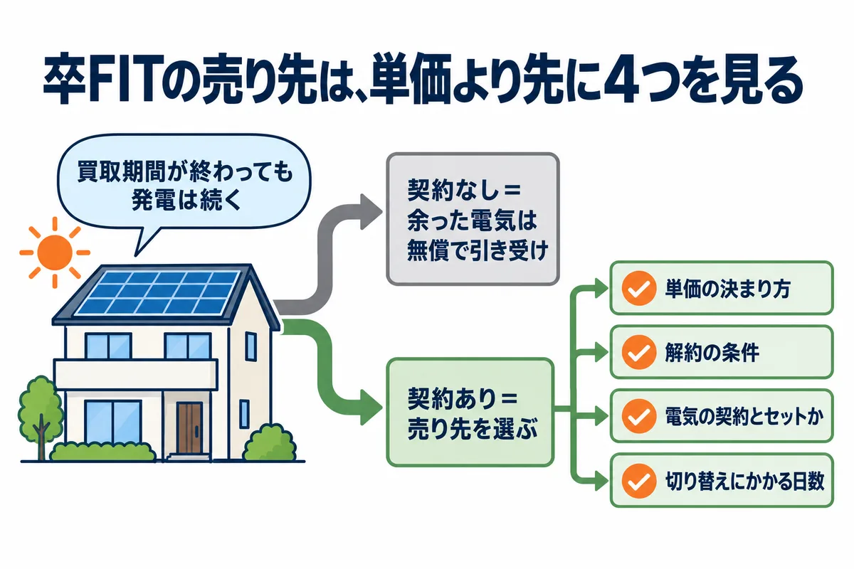 卒FIT後も発電は続くが、契約が無いと余った電気は無償で引き受けられる。売り先を選ぶときは単価の決まり方・解約の条件・電気の契約とセットか・切り替えにかかる日数の4つを見る図解