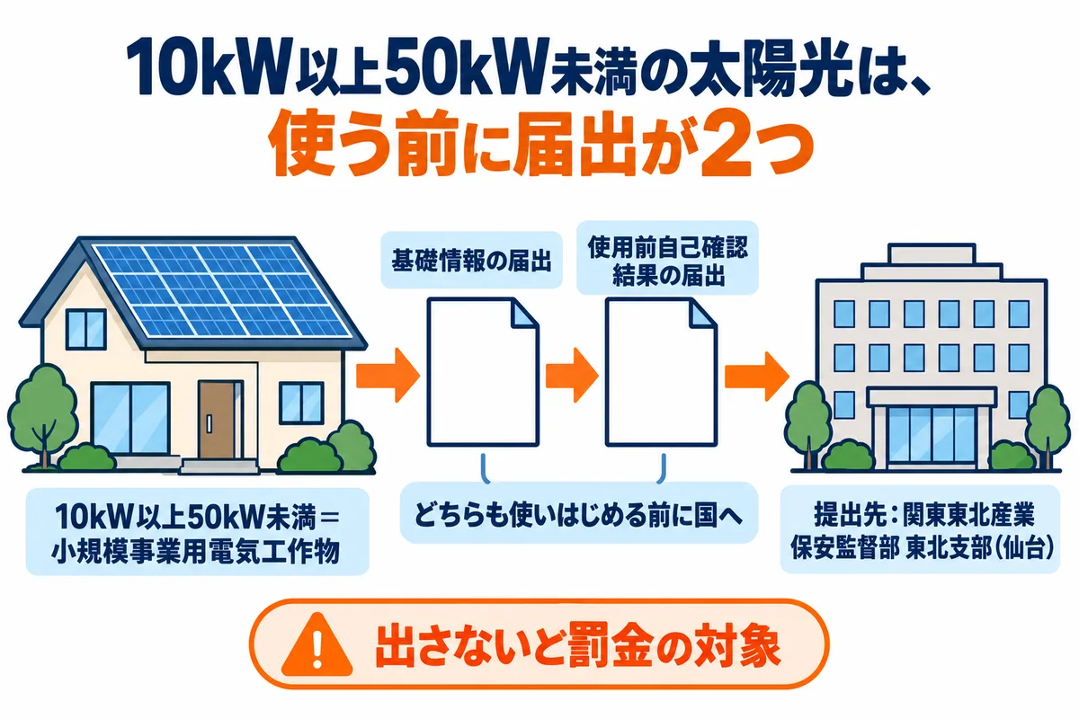 10kW以上50kW未満の太陽光（小規模事業用電気工作物）は、基礎情報の届出と使用前自己確認結果の届出の2つを、使いはじめる前に関東東北産業保安監督部東北支部（仙台）へ出す。出さないと罰金の対象になる流れの図解