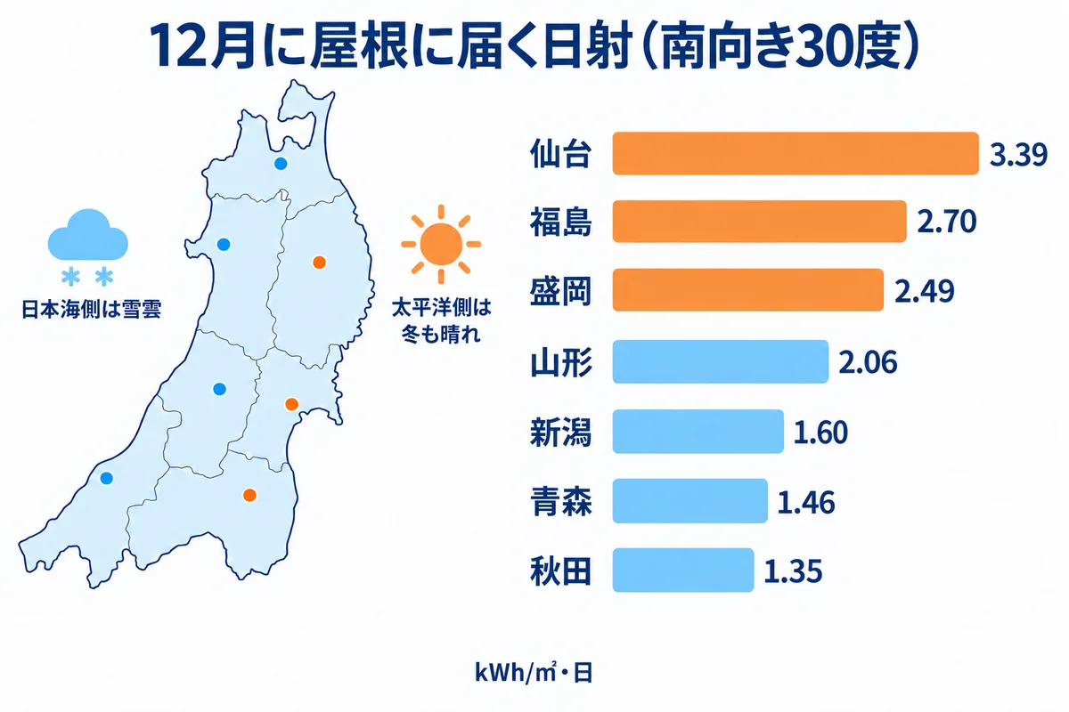 東北7都市の12月の日射量を比べた図解。南向き30度の屋根に届く12月の日射は、仙台3.39、福島2.70、盛岡2.49、山形2.06、新潟1.60、青森1.46、秋田1.35kWh/㎡・日。太平洋側は冬も日射があり、日本海側は大きく減る