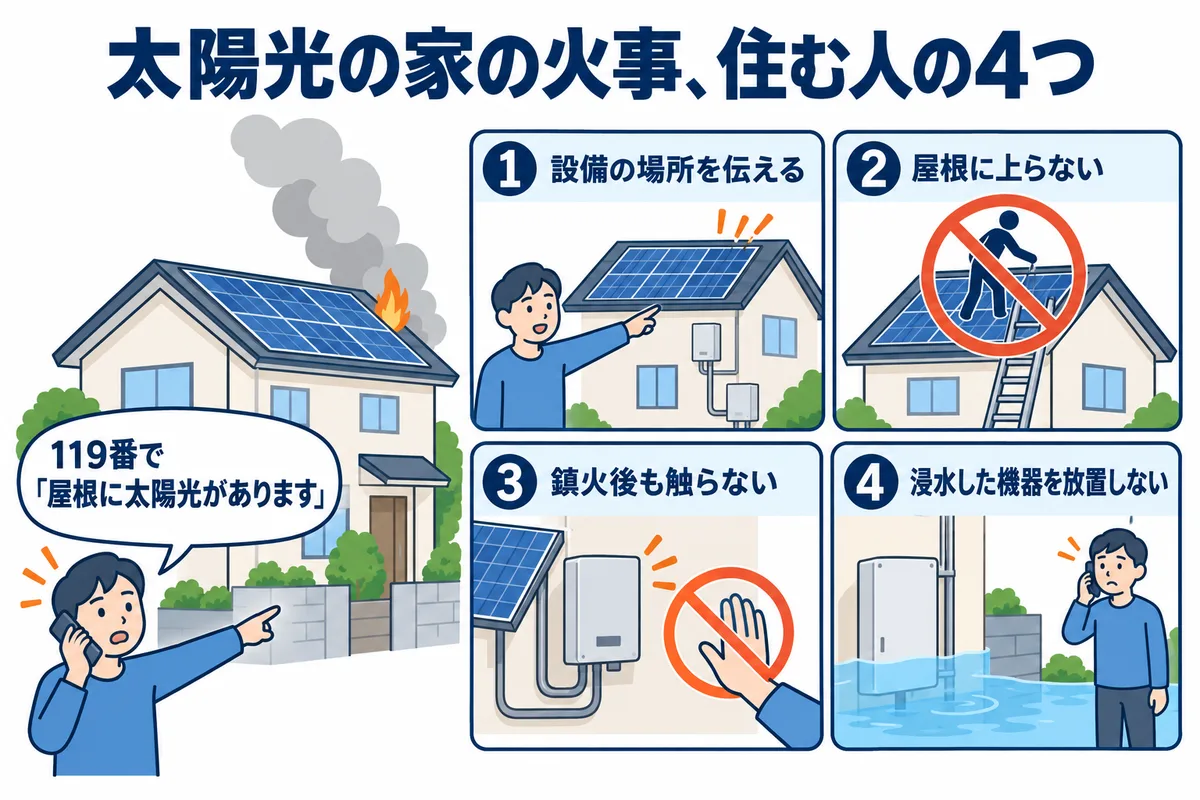 太陽光のある家で火災が起きたときに住む人がやる4つのことを示す図。設備の場所を伝える、屋根に上らない、鎮火後もパネルと配線に触らない、浸水した機器を放置しない。119番で屋根に太陽光があると伝える
