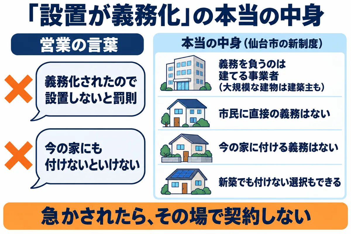 太陽光の設置義務化の誤解を示す図解。仙台市の新制度で義務を負うのはハウスメーカー等の事業者と大規模建築物の建築主。市民に直接義務を課す制度ではない。今お住まいの家への設置義務はない。新築でも設置しない家の建築・販売も可能。義務化を理由に急かされたら、その場で契約しない