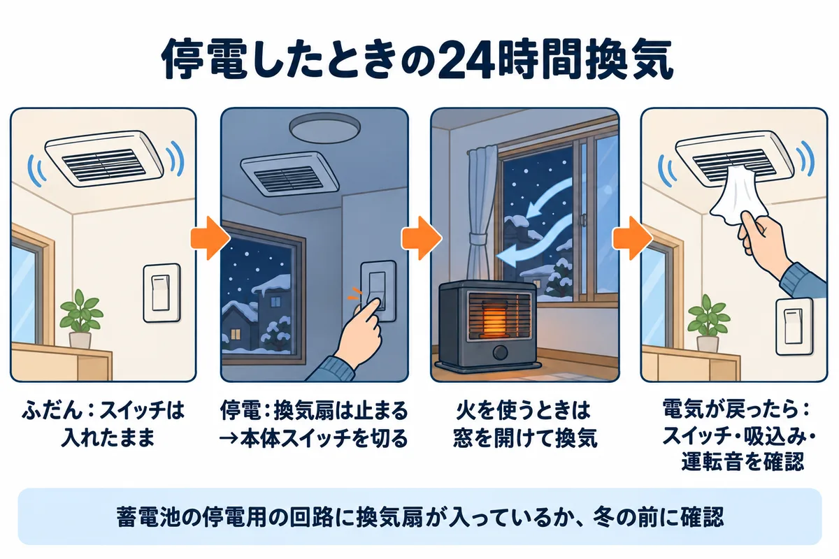 停電したときの24時間換気の扱いを示す図解。ふだんはスイッチを入れたまま常に運転。停電すると換気扇は止まるので本体スイッチを切る。停電中に火を使うときは窓を開けて換気する。電気が戻ったらスイッチを入れ、運転音と吸い込みを確かめる。蓄電池の停電用の回路に換気扇が入っているかは冬の前に確かめる