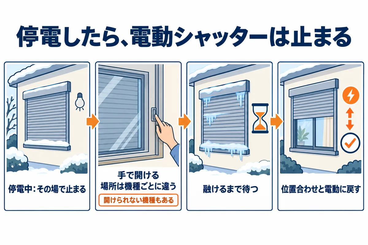 停電時の電動シャッターの対応を4段階で示す図解。停電中はその場で止まる。手で開ける仕組みは機種ごとに名前と位置が違い、手動で開けられない機種もある。凍りついたら電動で動かさず融けるまで待つ。復旧後は位置の再設定や電動への戻し操作が必要なことがある