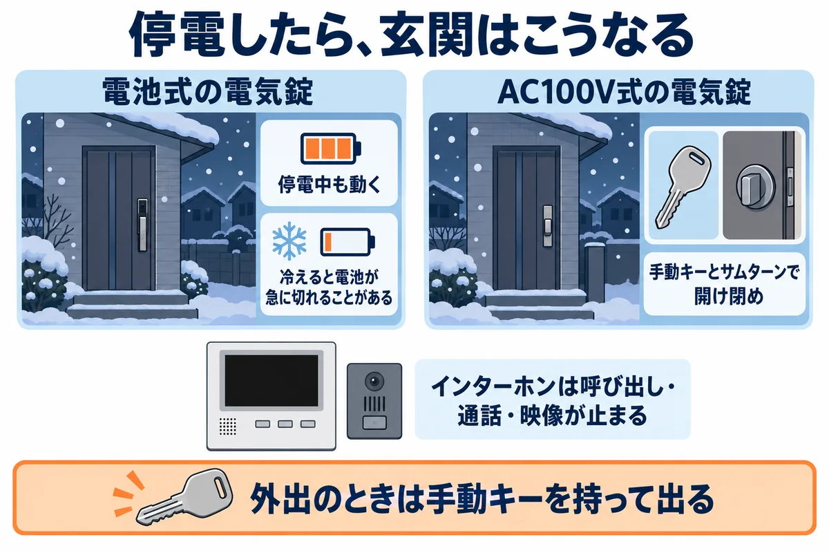 停電時の玄関の電気錠とインターホンの動きを示す図解。電池式の電気錠は停電中も動くが、冷えると電池が急に切れることがある。AC100V式の電気錠は手動キーやサムターンで開け閉めする。インターホンは呼び出し・通話・映像が止まる。外出時は手動キーを持つ