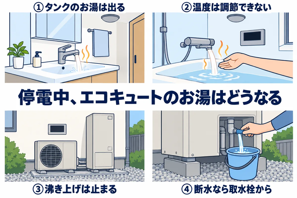 停電中のエコキュートで何ができて何ができないかを示す図解。タンクにお湯が残っていれば蛇口やシャワーからお湯は出る。温度は調節できないので手で確かめる。沸き上げ・湯はり・追いだきは止まる。断水のときは蛇口からは出ず非常用取水栓から取り出す