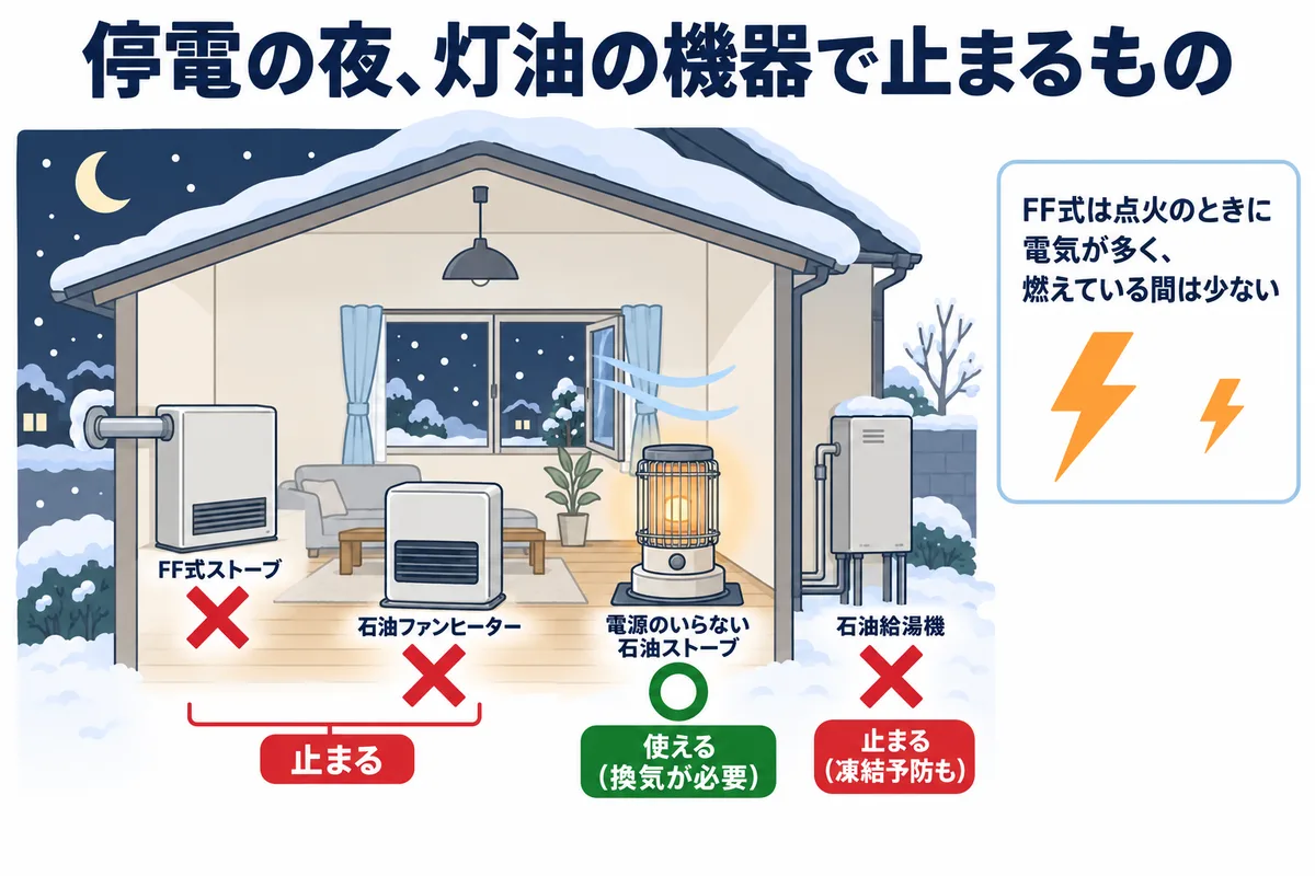 停電の夜、灯油を使う機器のうち何が止まるかの図。FF式ストーブ・石油ファンヒーター・石油給湯機は電気で動くので止まる。電源のいらない石油ストーブは使えるが、換気が必要。FF式ストーブは点火のときに大きな電気を使い、燃えている間は小さい