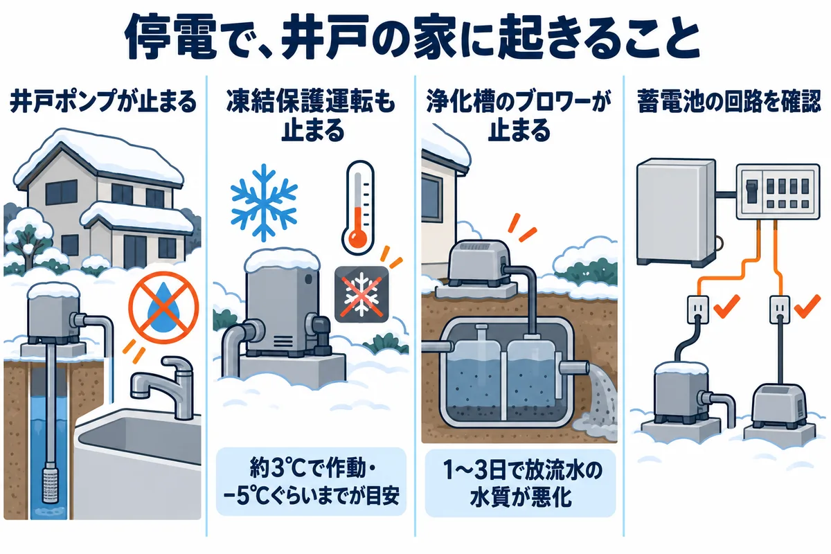 停電したときに井戸の家で止まるものの図。①井戸ポンプが止まり蛇口から水が出ない ②ポンプの凍結保護運転(周囲が約3℃で作動)も止まる ③浄化槽のブロワーが止まり1〜3日で放流水の水質が悪化する ④蓄電池がある家は、ポンプとブロワーのコンセントが停電時に使える回路かを確認する