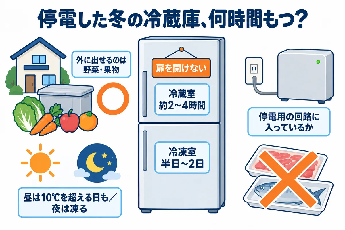 停電した冬の冷蔵庫の目安の図解。扉を開けなければ冷蔵室は約2〜4時間、冷凍室は半日〜2日。外に出してよいのは箱に入れた野菜・果物。11月や3月は昼に10℃を超える日が多く、真冬の夜は凍る。蓄電池がある家は冷蔵庫が停電用の回路に入っているかを確かめる。