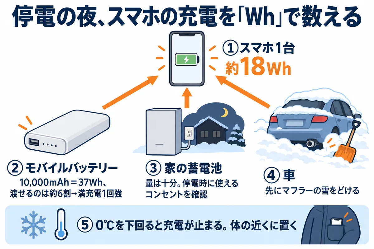停電時のスマートフォン充電をWhで数える図。スマホ1台は約18Wh、10,000mAhのモバイルバッテリーは37Whだが実際に渡せるのは約6割、蓄電池は量は十分でも停電時に使えるコンセントを確認、車は雪でマフラーが埋まると一酸化炭素が危険、0℃を下回ると充電が止まる