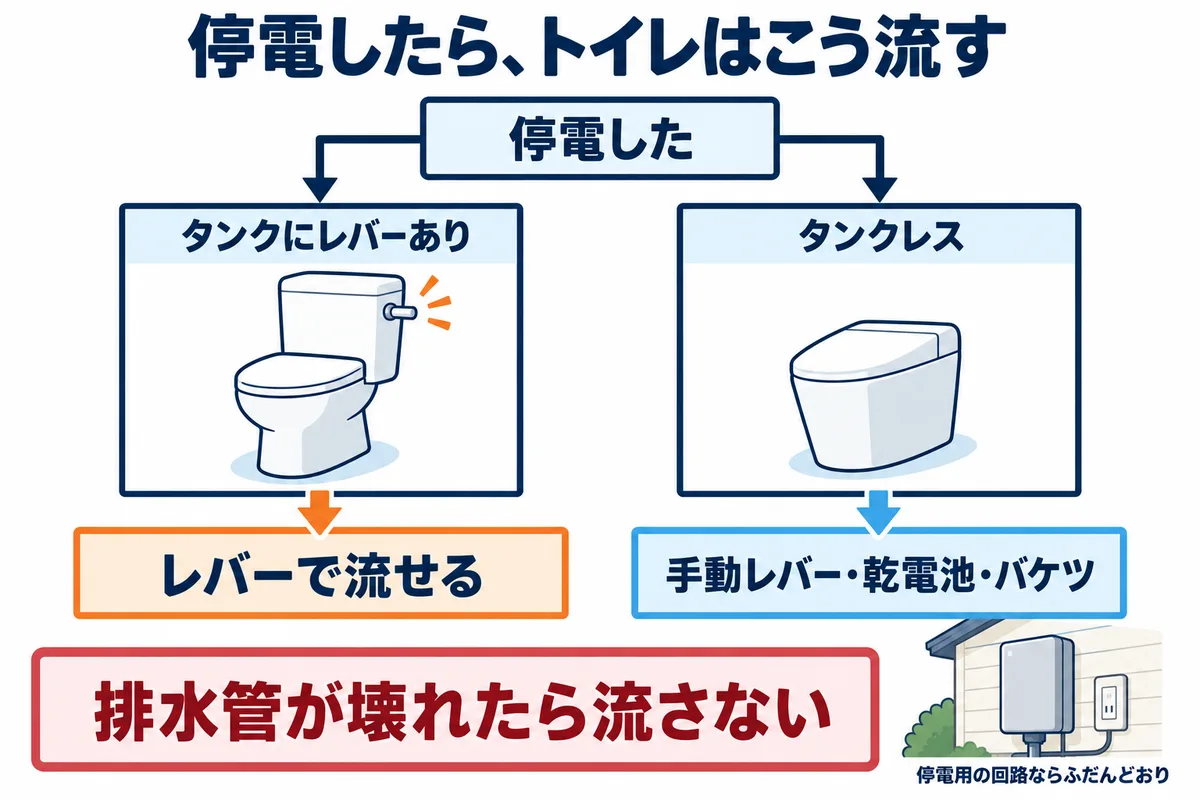 停電したときのトイレの流し方の図解。タンクにレバーがあるトイレはレバーで流せる。タンクレストイレはリモコンが使えず、手動レバー・乾電池・バケツのどれかで流す。断水や排水管の破損があるときは流さない。蓄電池の停電用の回路にトイレのコンセントが入っていればふだんどおり使える