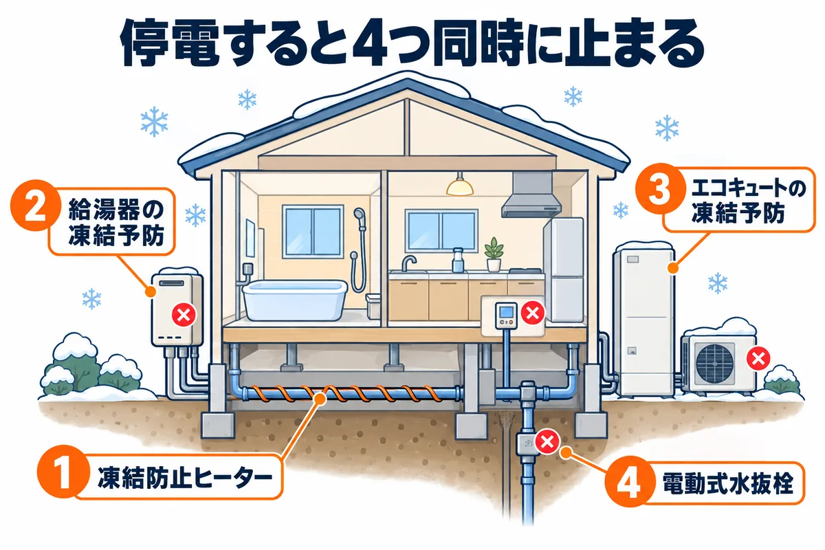 雪の日の住宅の断面図。床下の水道管に巻いた凍結防止ヒーター、屋外の給湯器、エコキュート、電動式水抜栓の4か所に番号と停止を示すバツ印が付いている
