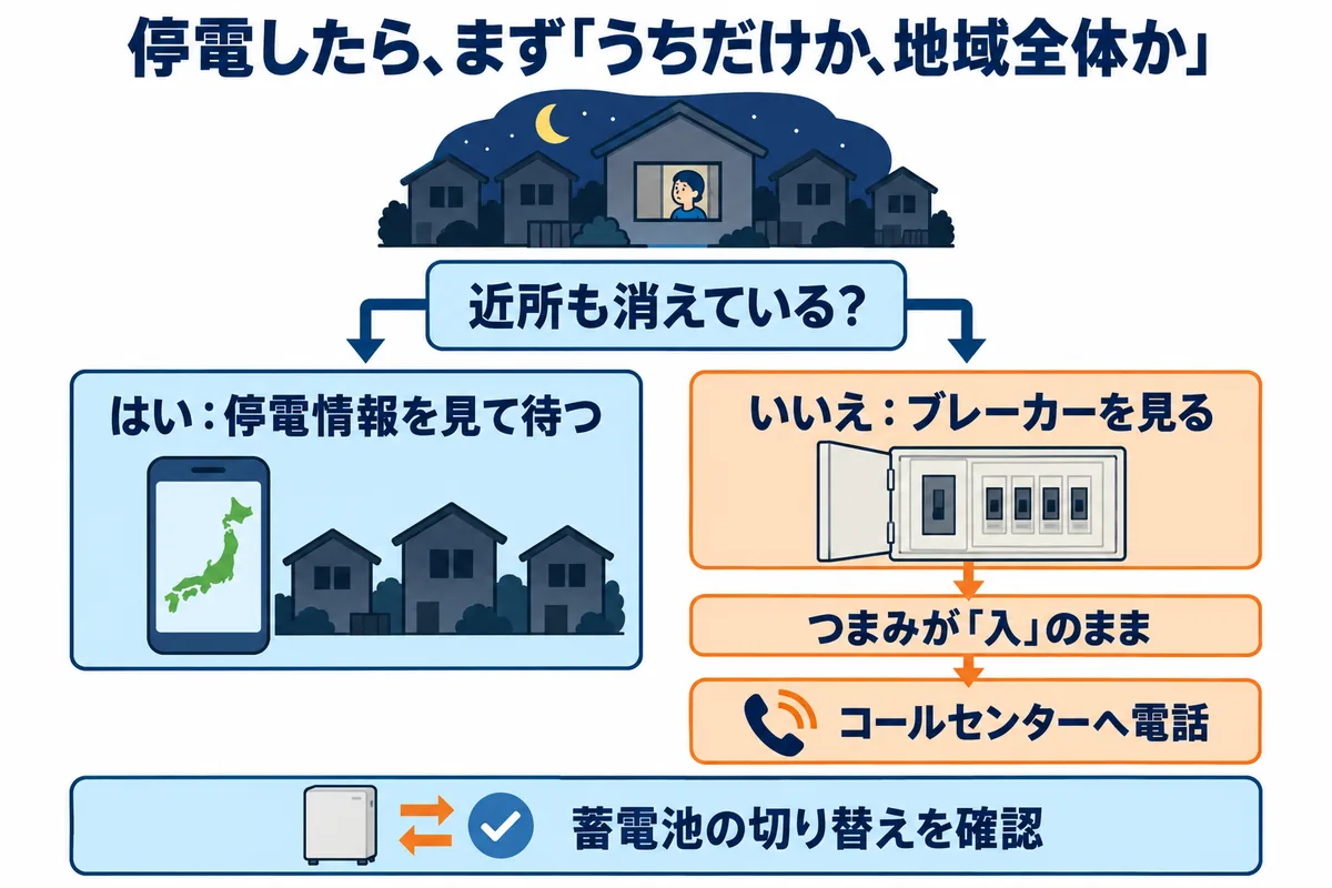 停電したときの確認の順番の図解。最初に家の一部か全部か、近所も消えているかを見る。近所も消えていれば東北電力ネットワークの停電情報を見て待つ。うちだけなら分電盤のブレーカーを見る。ブレーカーが入のままならネットワークコールセンターへ電話する。蓄電池がある家は自動で切り替わったかを確かめる。