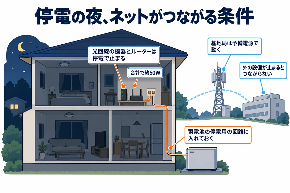 停電の夜に情報が届く道の図解。家の光回線の機器とWi-Fiルーターは停電で止まり、スマホは携帯の基地局へ切り替わる。蓄電池の停電用の回路に通信機器を入れておけば家のWi-Fiは動き続けるが、基地局や電話局が止まると家に電気があってもつながらない