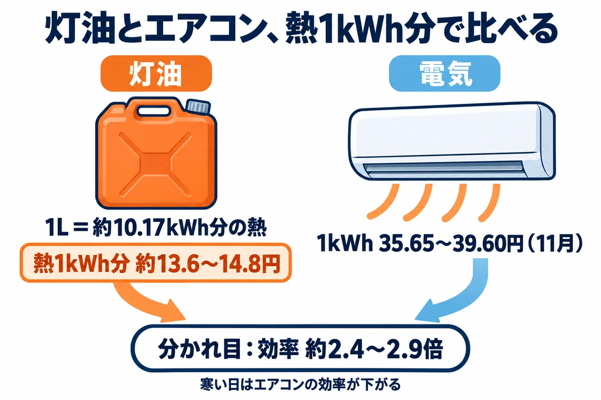 灯油ストーブとエアコン暖房の費用の比べ方の図解。灯油は18Lの価格を1Lあたりに直し、1Lの熱量を電気の量に直して、熱1kWh分の単価を出す。電気は1kWh多く使ったときに増える単価を出す。電気の単価を灯油の熱1kWh分の単価で割った数が、エアコンに必要な効率の分かれ目になる。宮城県の10月の灯油価格と東北電力の11月の単価では、分かれ目は約2.4〜2.9倍
