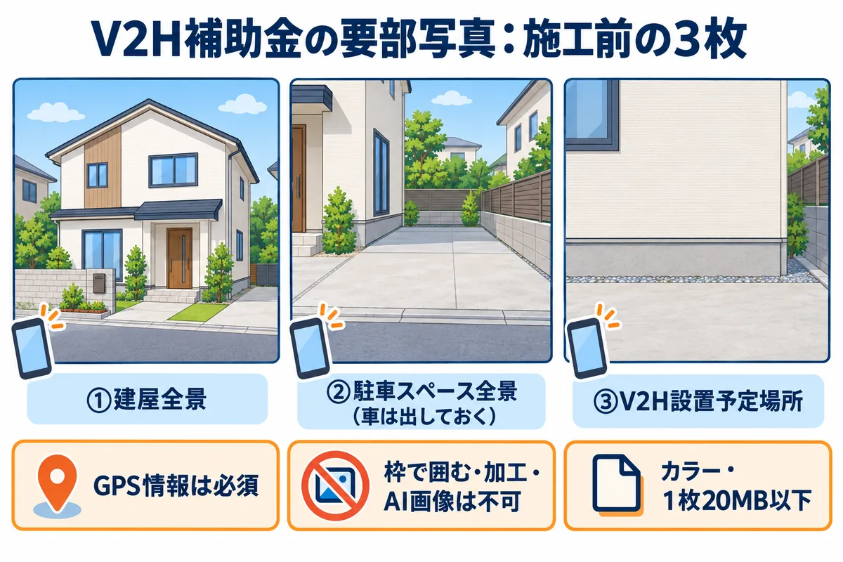 V2H補助金の交付申請で出す施工前の要部写真3枚(建屋全景・車を出した駐車スペース全景・V2H設置予定場所)と、GPS情報が必須・枠囲みや加工やAI画像は不可・カラーで1枚20MB以下という撮り方の条件を並べた図解