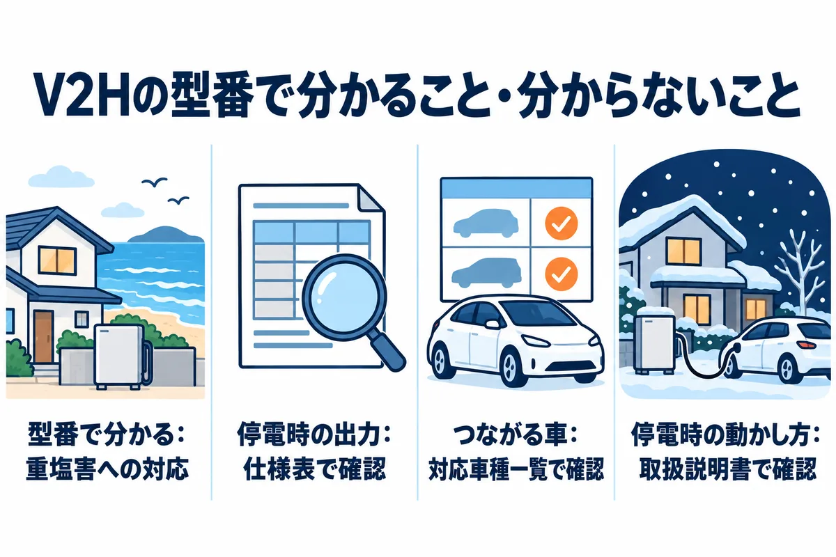 V2Hの型番で分かることと分からないことを示す図解。型番で見分けやすいのは重塩害への対応。停電時の出力は仕様表で確かめる。対応車種と停電時の起動方法は、機種と車種の組み合わせで変わるので、メーカーの対応車種一覧と取扱説明書で確かめる