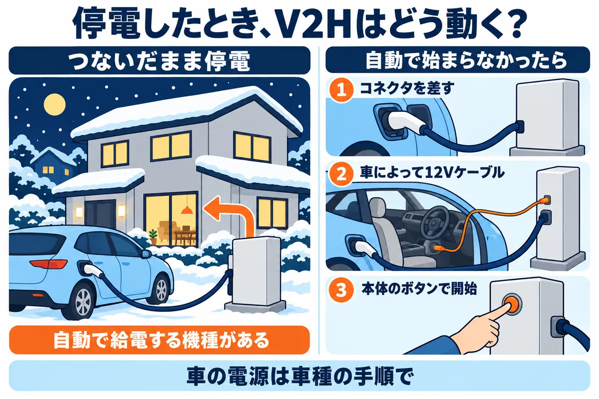 V2Hの停電時の動き方を示す図解。車に充放電コネクタをつないだ状態で停電すると自動で家に給電する機種がある。自動で始まらなかったときは、コネクタを差し込み、車によっては12Vケーブルで車内の電源ソケットとV2Hをつなぎ、本体のボタンで給電を始める。始めたあとの車の電源の扱いは車種の手順に従う